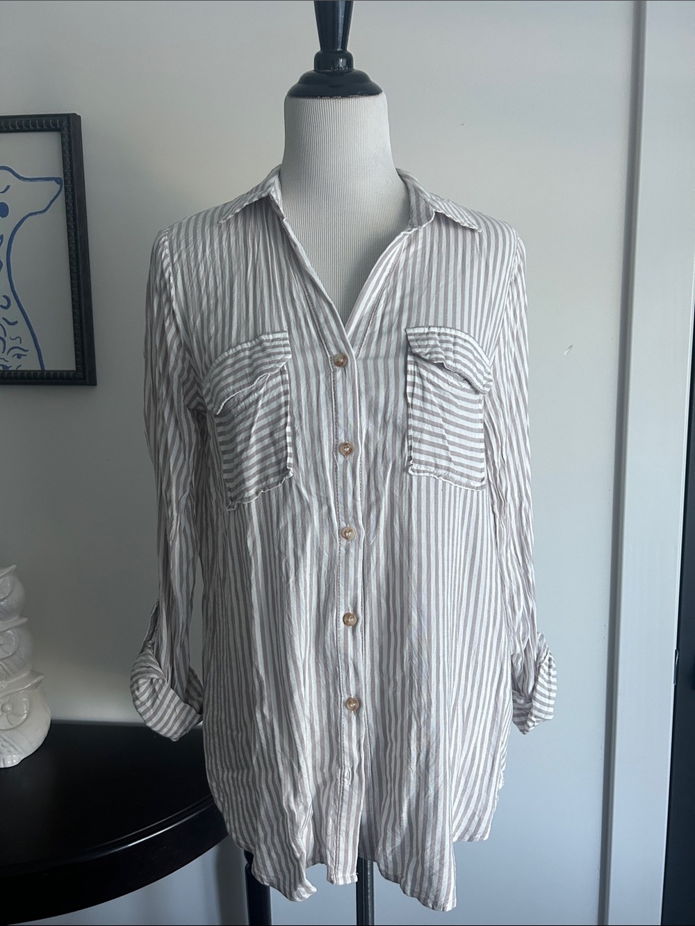 Blu pepper M tan white Striped Button-Up Shirt -  Casual Top